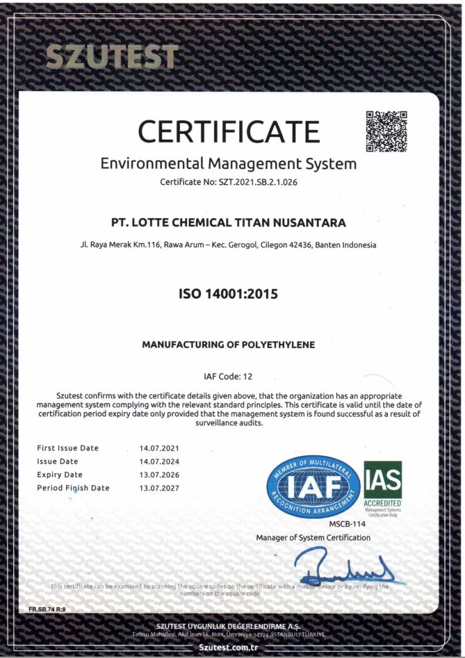 ISO 14001 : 2015 Certificate Valid until 13 July 2027 certificates
